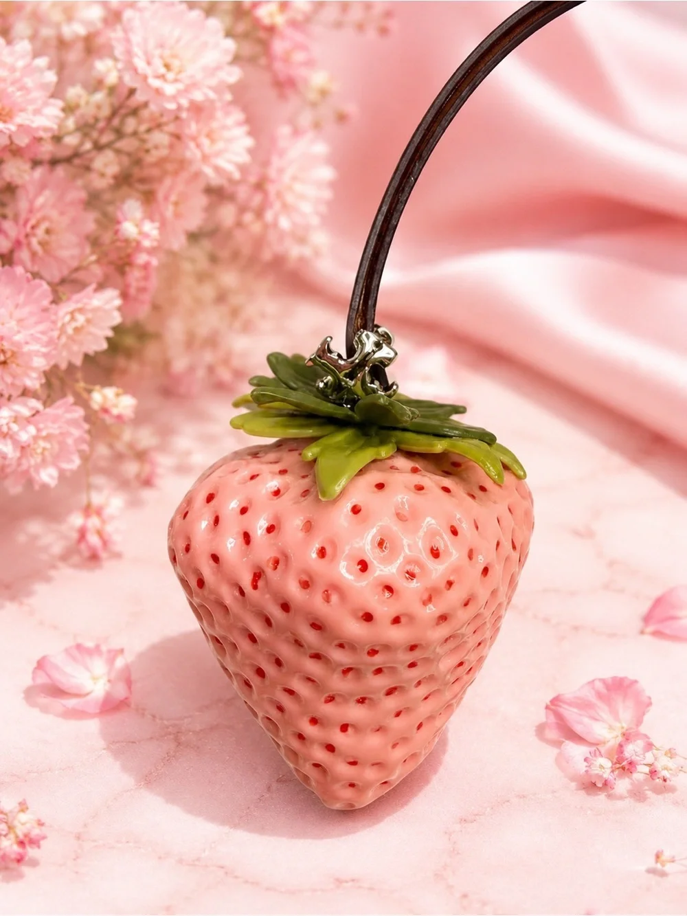 Tory Burch Pink Strawberry Key & Bag Charm with Brown Leather Strap
